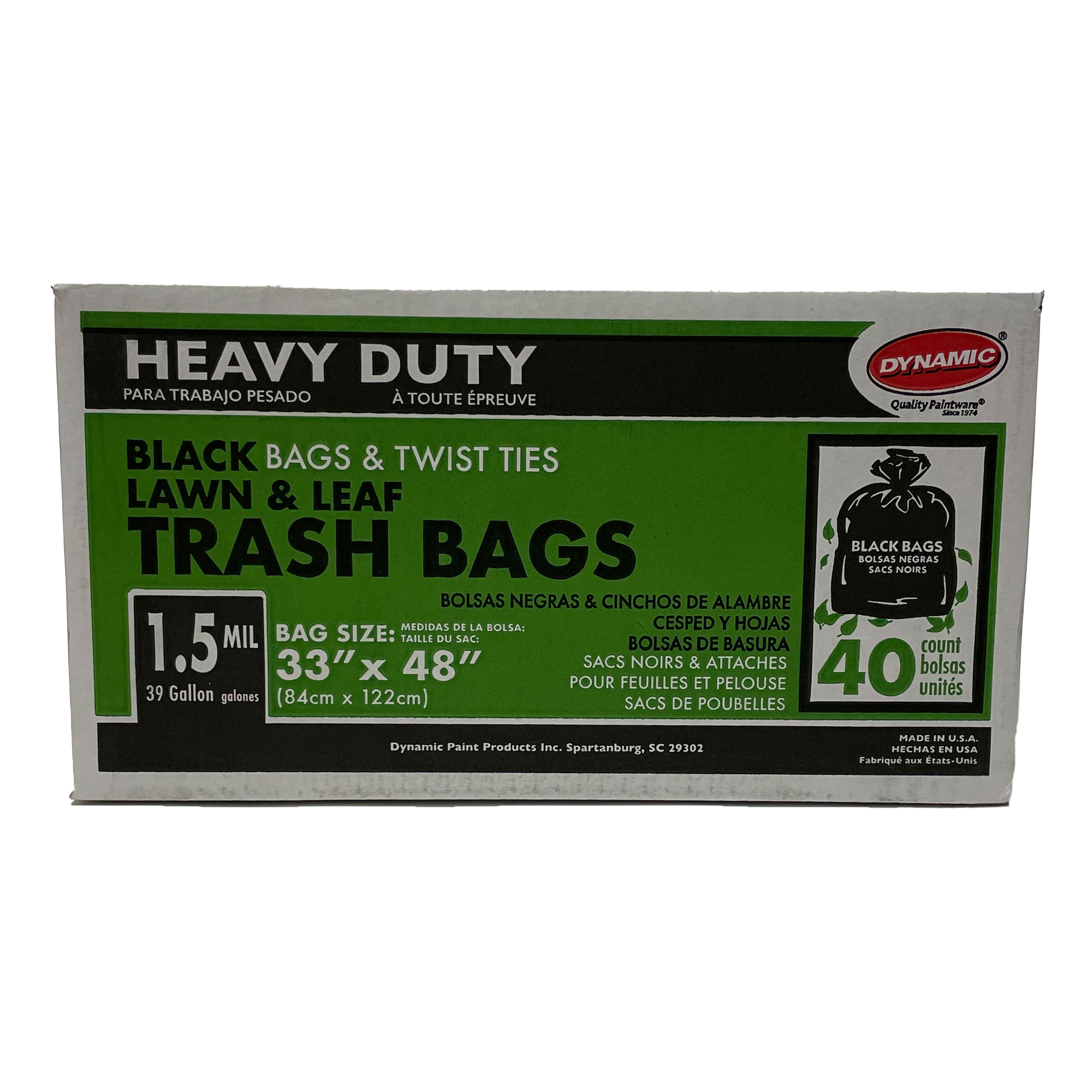Dynamic 23305 Heavy Duty Black Lawn & Leaf Trash Bags, 1.5mil, 39 Gallon,  33 x 48, 40 Bags w/ Twist Ties
