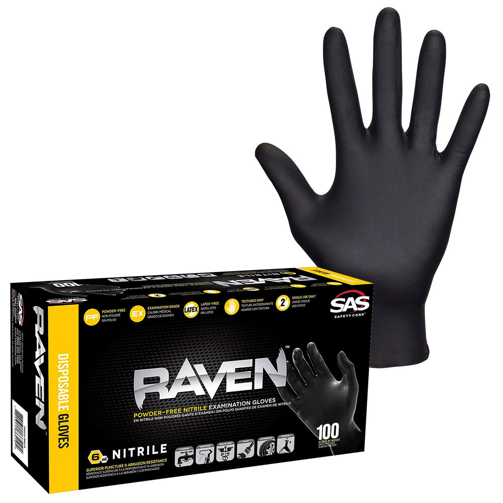SAS Safety 66518 Raven Large Disposable Nitrile Gloves, 7mil, Box of 100